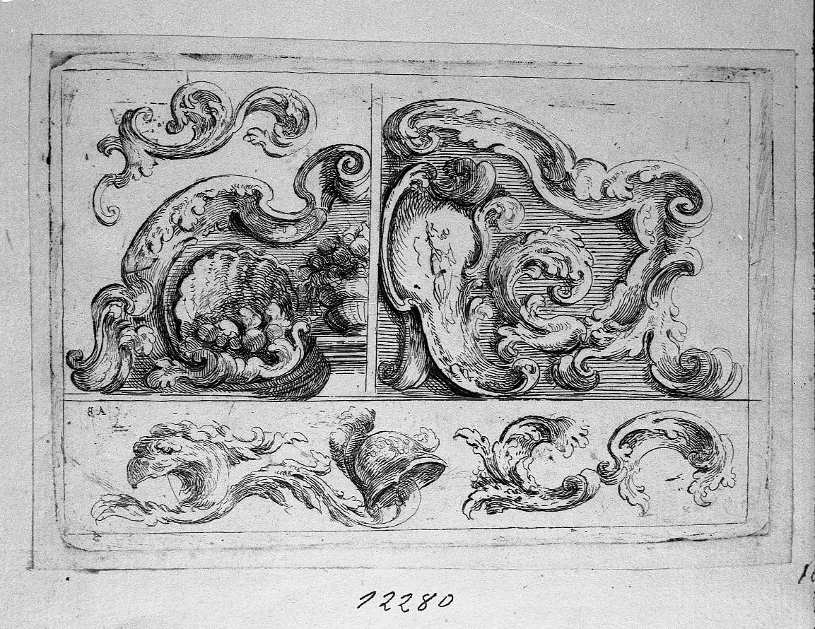 frammenti di fregi, quello superiore a sinistra con vaso di frutta e fiori (stampa) di Buffagnotti Carlo Antonio (sec. XVIII)