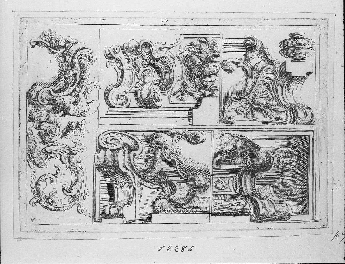Due disegni architettonici, quello superiore destro con vaso sopra capitello (stampa) di Buffagnotti Carlo Antonio (sec. XVIII)