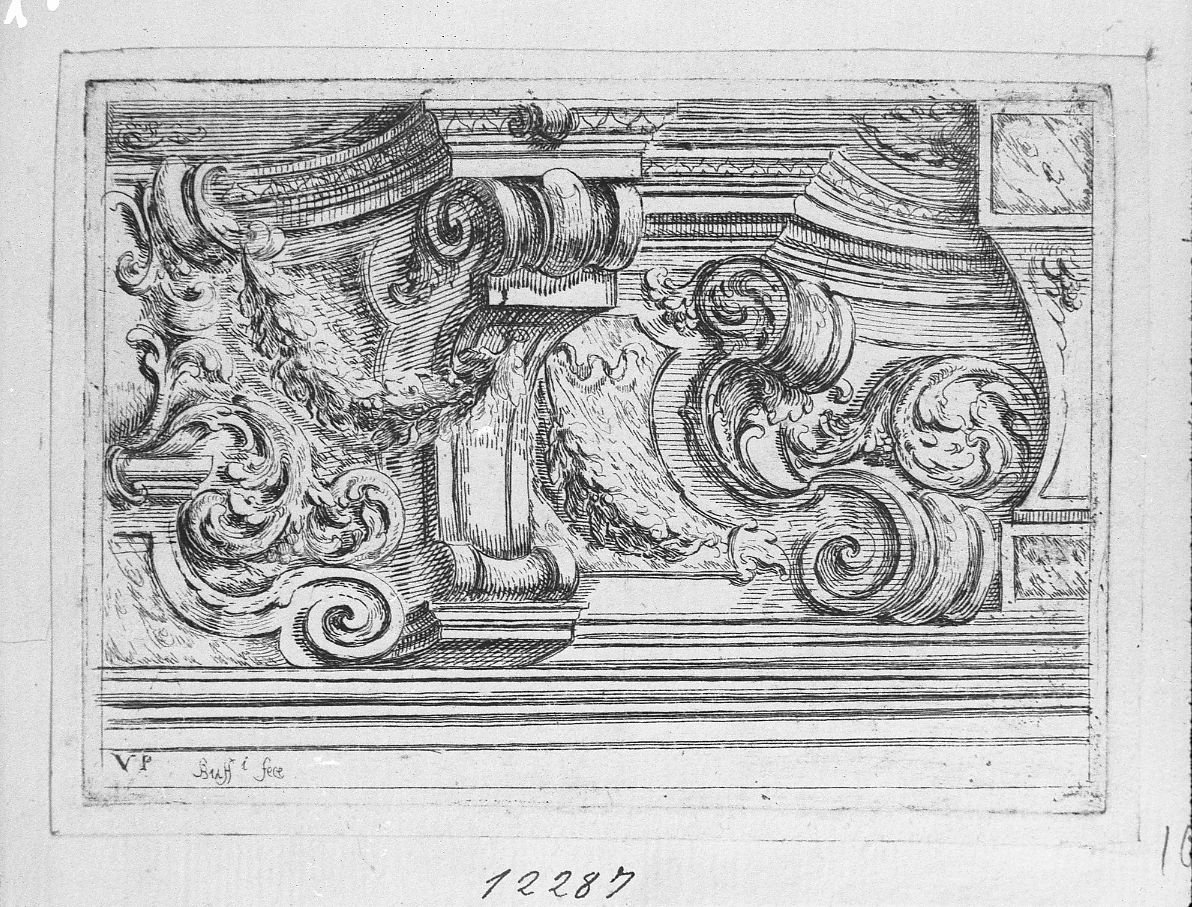 Due disegni architettonici, quello superiore destro con vaso sopra capitello (stampa) di Buffagnotti Carlo Antonio (sec. XVIII)
