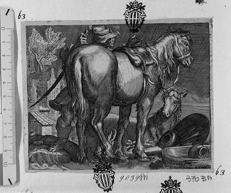 Cavallo sellato e uomo (stampa) di Bloemaert Abraham - ambito olandese (sec. XVII)