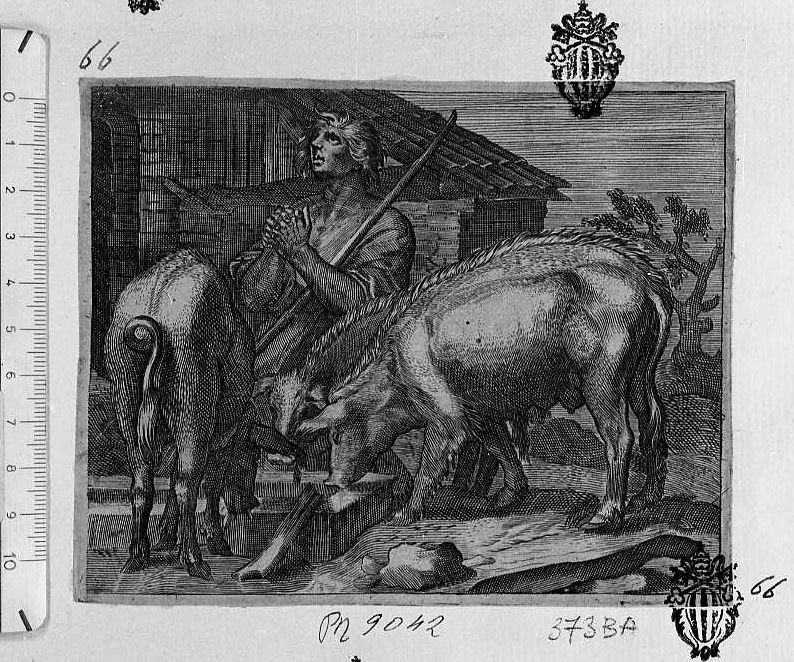Tre maiali che mangiano (stampa) di Bloemaert Abraham - ambito olandese (sec. XVII)