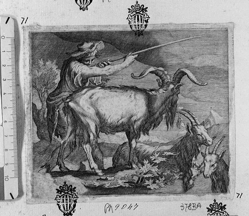Un caprone un contadino e tre capre (stampa) di Bloemaert Abraham - ambito olandese (sec. XVII)