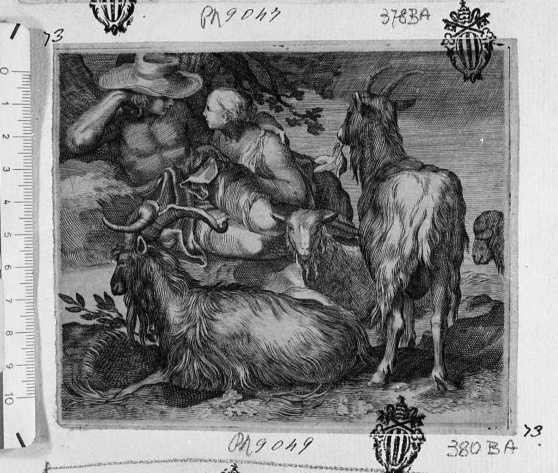 Coppia di contadini e due capre (stampa) di Bloemaert Abraham - ambito olandese (sec. XVII)