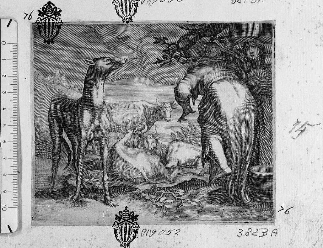 un levriero, tre vacche e due contadine (stampa) di Bloemaert Abraham - ambito fiammingo (sec. XVII)