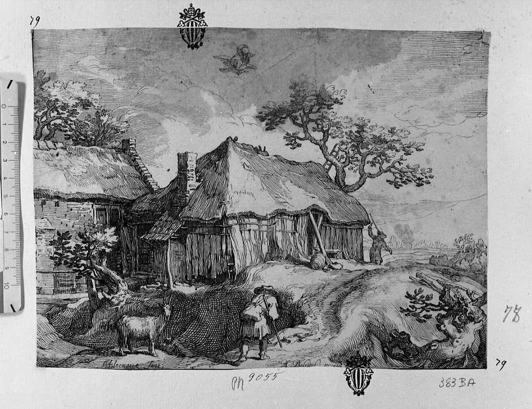 Paesaggio con capanna, capra, contadini (stampa) di Bloemaert Abraham - ambito fiammingo (sec. XVII)