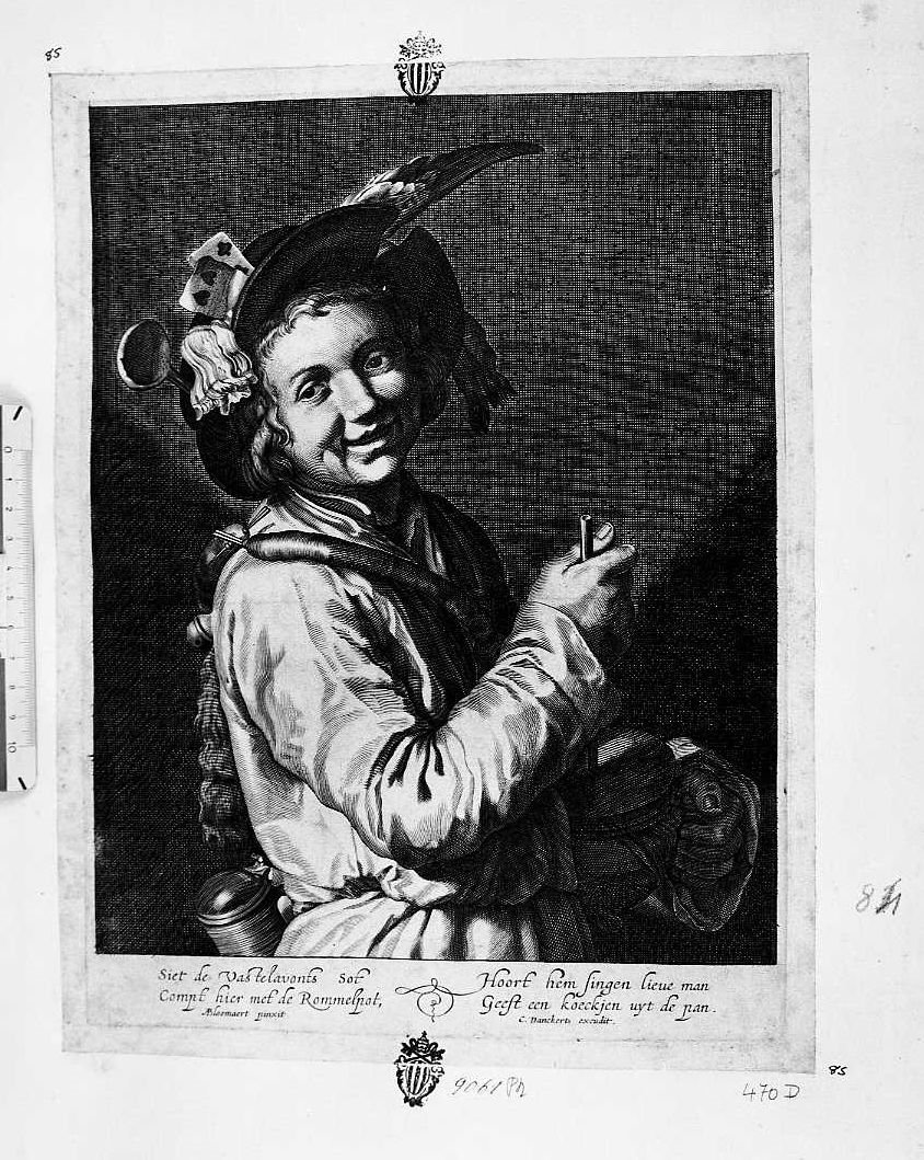 Giovinetto che ride con cappello con piume e carte da gioco (stampa) di Danckerts Justus (sec. XVII)