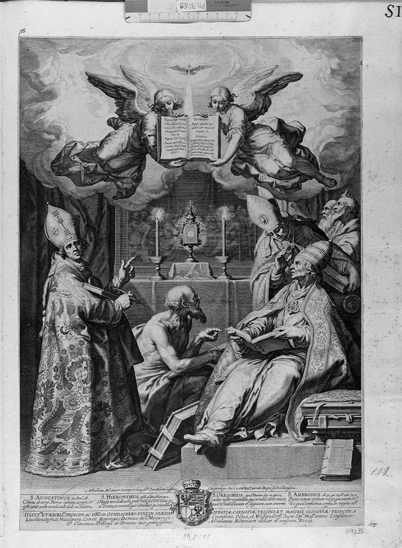 I quattro padri della chiesa: San Gregorio, Ambrogio, Girolamo Agostino (stampa) di Bloemaert Cornelis il Giovane (sec. XVII)