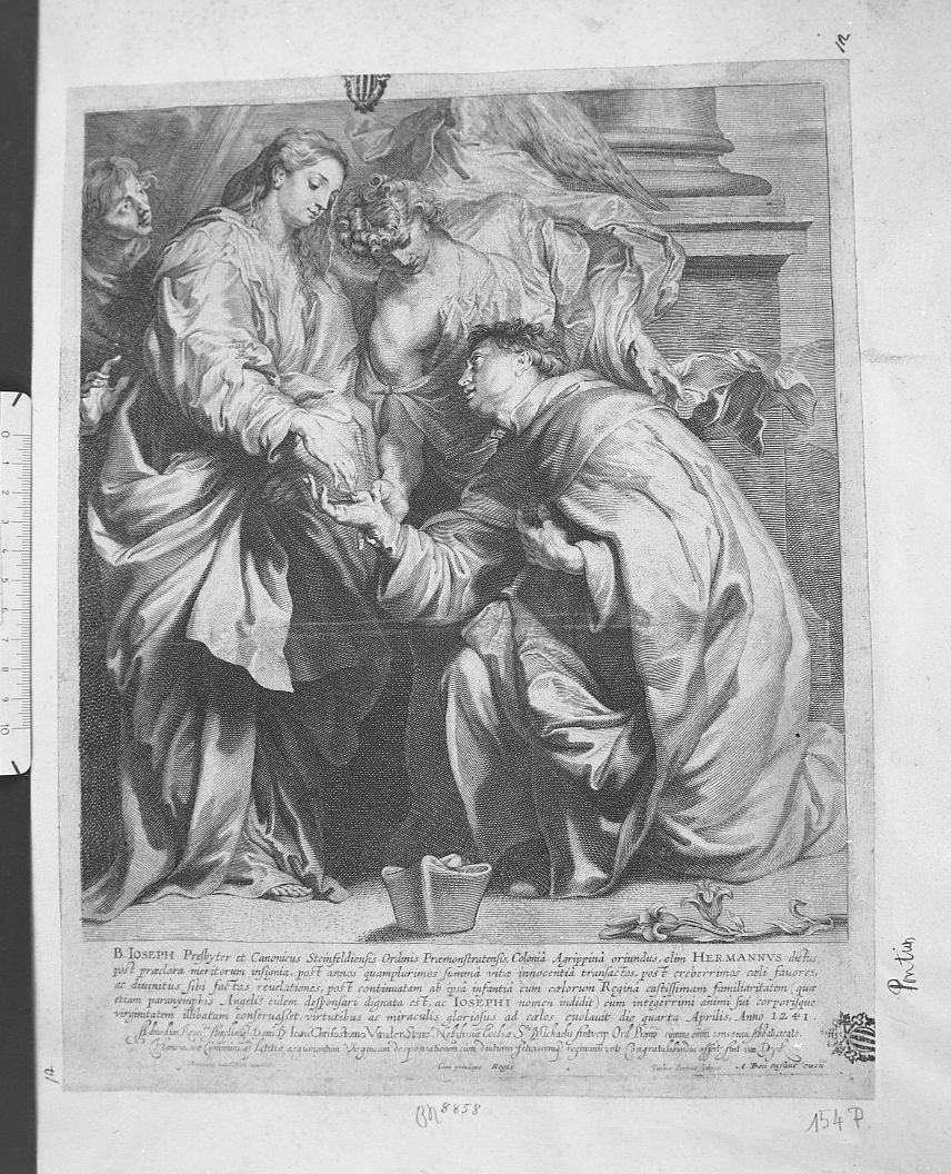 San Giuseppe Ermanno inginocchiato davanti alla Vergine (stampa) di Pontius Paul (sec. XVII)