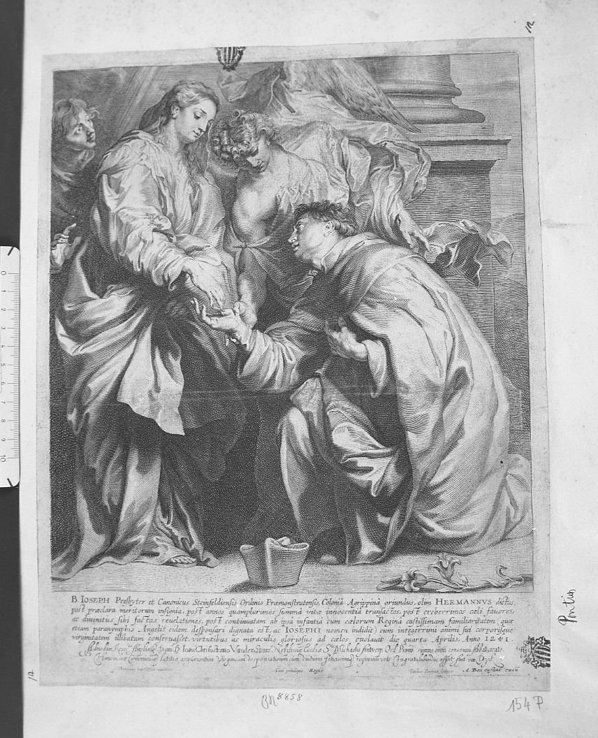 San Giuseppe Ermanno inginocchiato davanti alla Vergine (stampa) di Pontius Paul (sec. XVII)