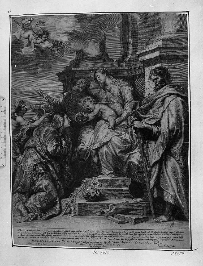 Santa Rosalia che riceve la corona del martirio dalla mani di Gesù Bambino (stampa) di Pontius Paul (sec. XVII)