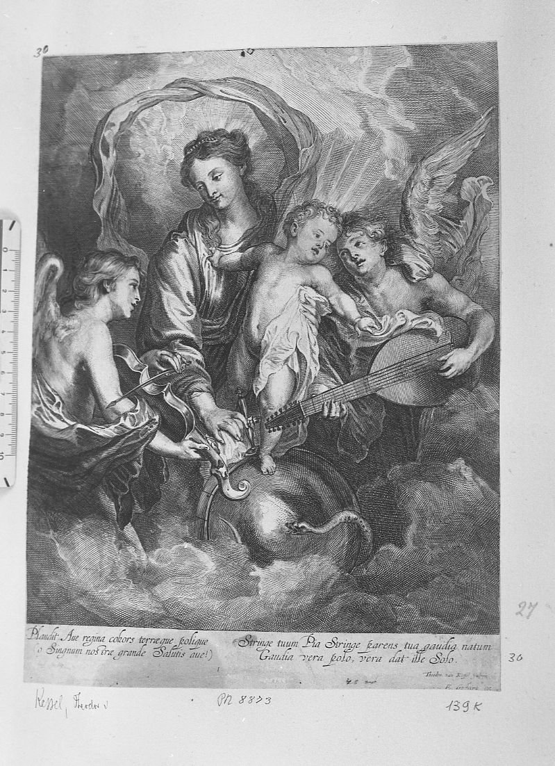 La Vergine con Bambino e angeli musicanti sulle nubi (stampa) di Van Kessel Theodor (sec. XVII)