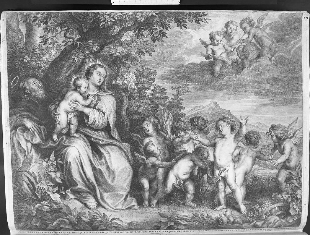 Sacra Famiglia sotto un albero con angioletti danzanti (stampa) di Van Dyck Anton, Bolswert Schelte Adams (sec. XVIII)