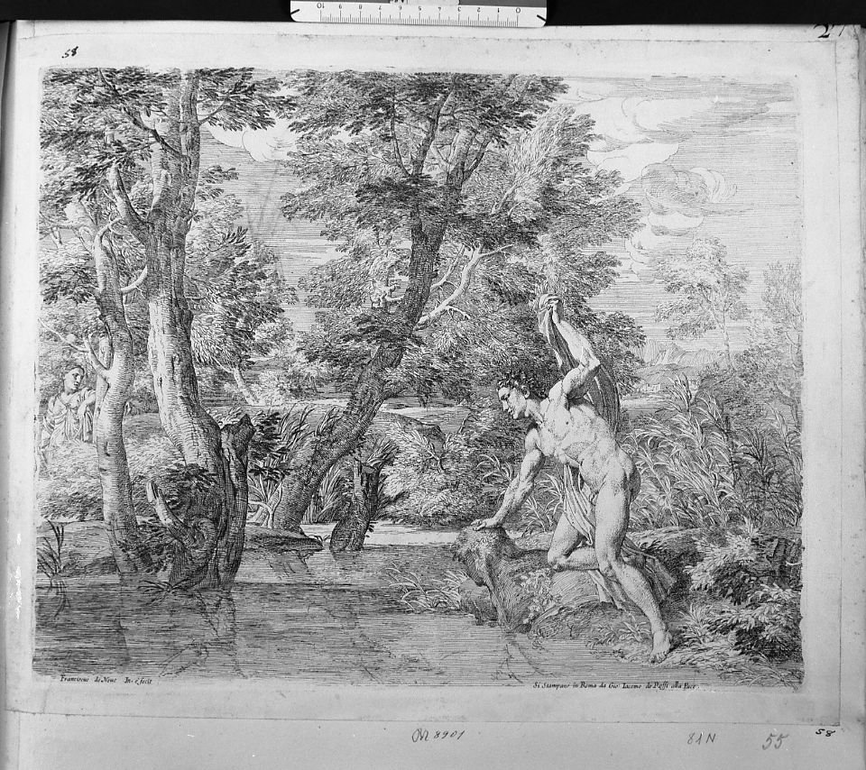 Paesaggio con Narciso (stampa) di De Neve Frans (sec. XVII)