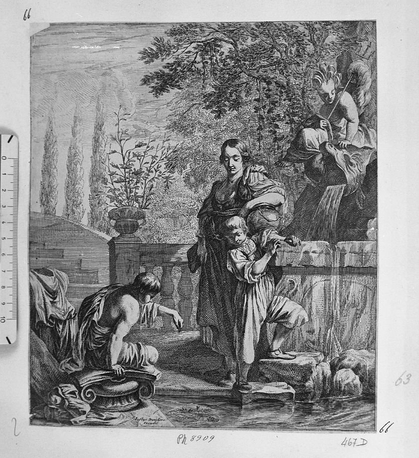 Due fanciulle e una donna presso una fontana (stampa) di Danckerts Justus (sec. XVII)
