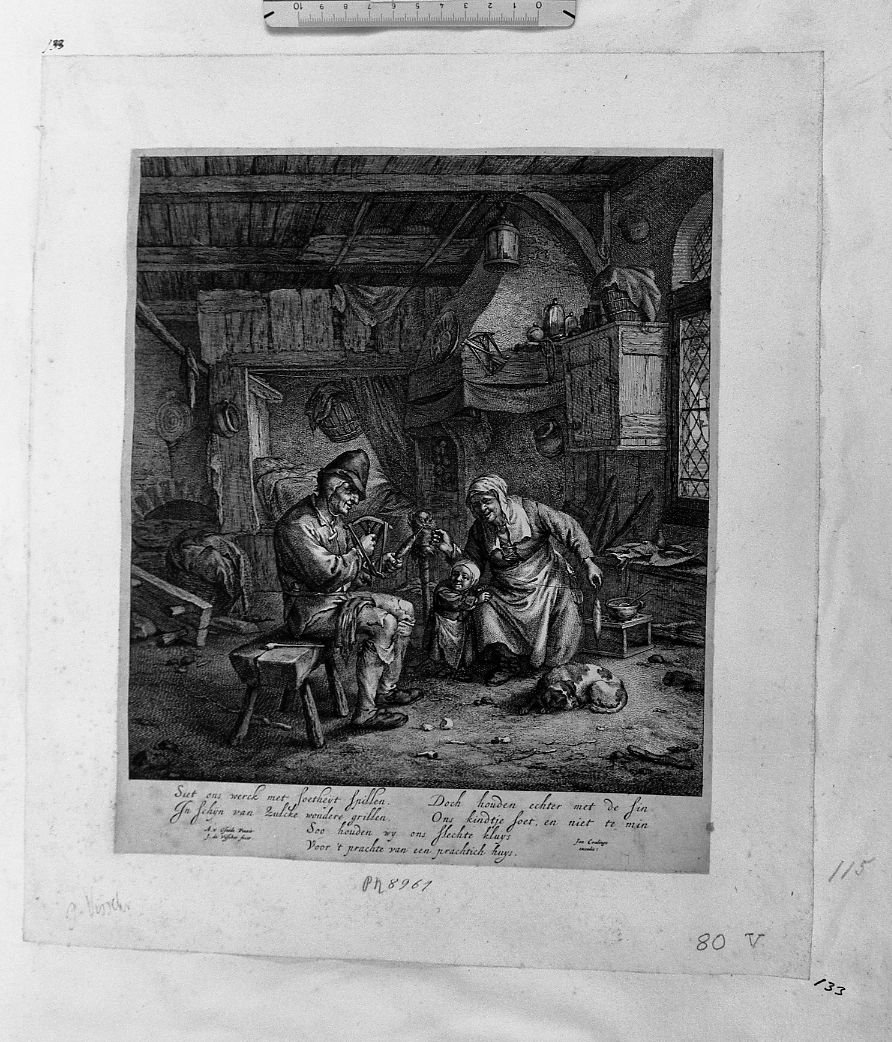 Vecchi contadini che filano (stampa) di Visscher Cornelis II (sec. XVII)