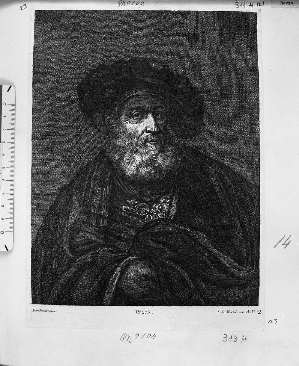 Ritratto di vecchio con barba e beretto (stampa) di Hertel Johann George (sec. XVII)