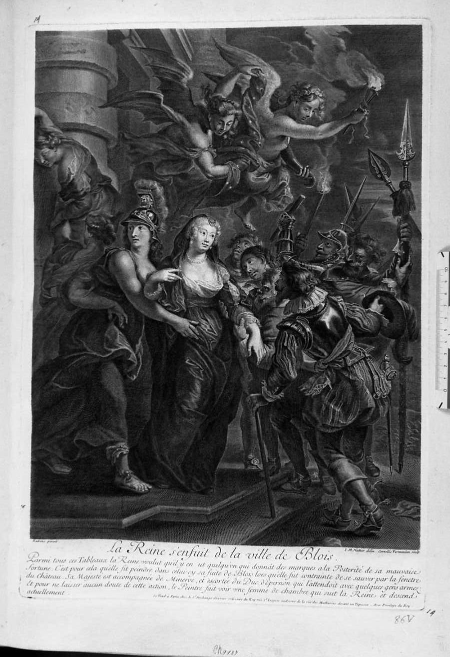 La regina Maria dè Medici scappa da Blois (stampa) di Vermeulen Cornelis (sec. XVII)