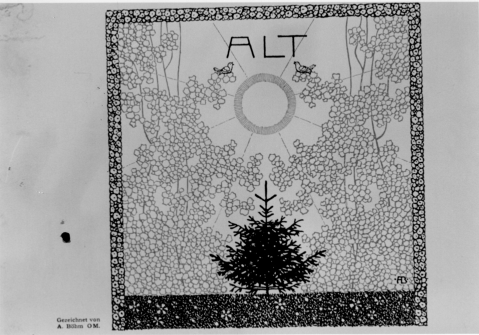 "Alt" tannenbäumchen, piccolo abete su fondo ornato e scritta "Alt" (stampa a colori) di Böehm Adolf (sec. XX)