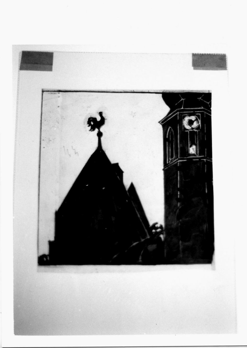 Wetterhahn, banderuola in forma di galletto sul tetto di una chiesa (stampa) di Müller Carl (sec. XX)