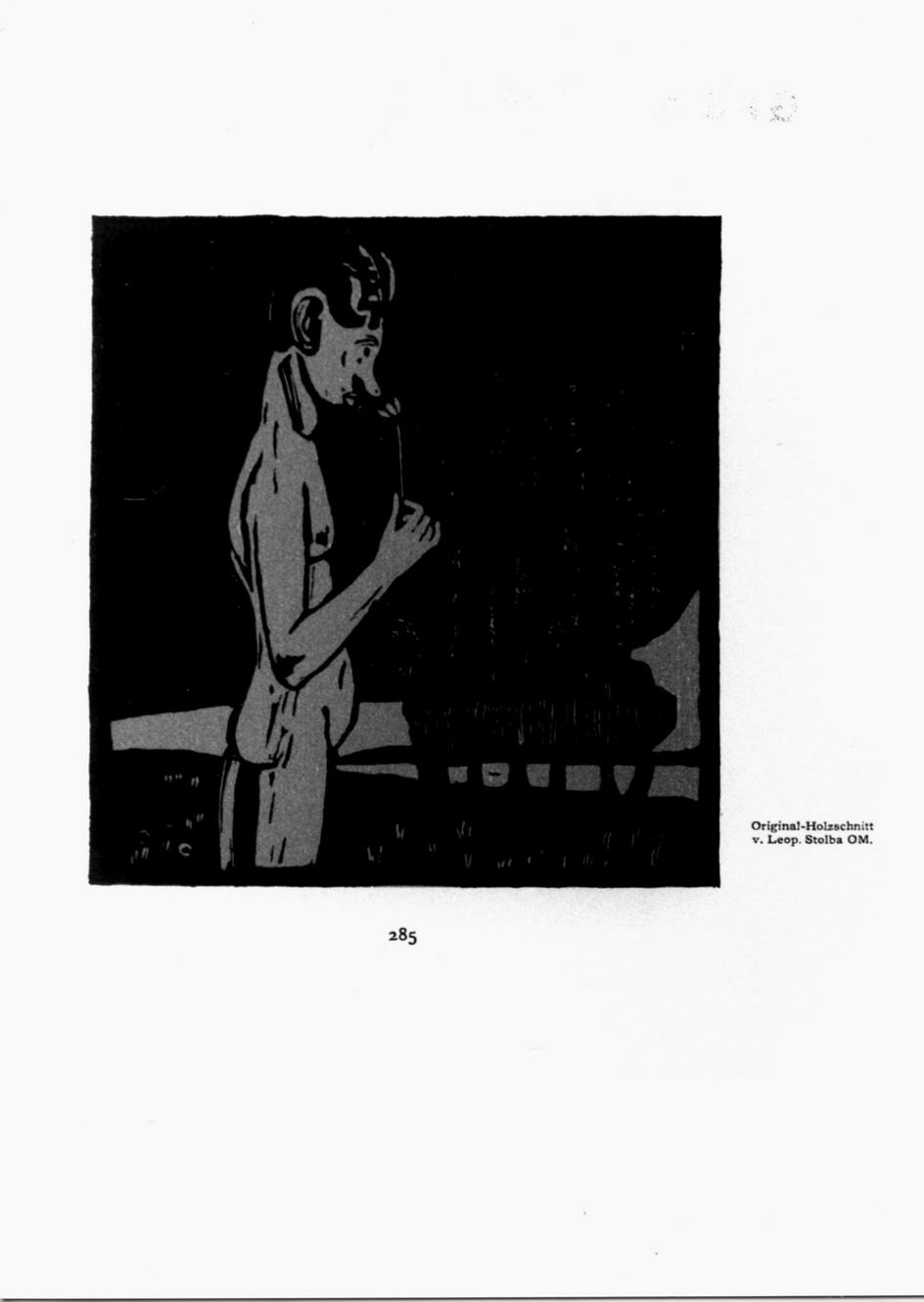 Mannlichen akt in freien, Nudo maschile che odora un fiore (stampa) di Stolba Leopold (sec. XX)