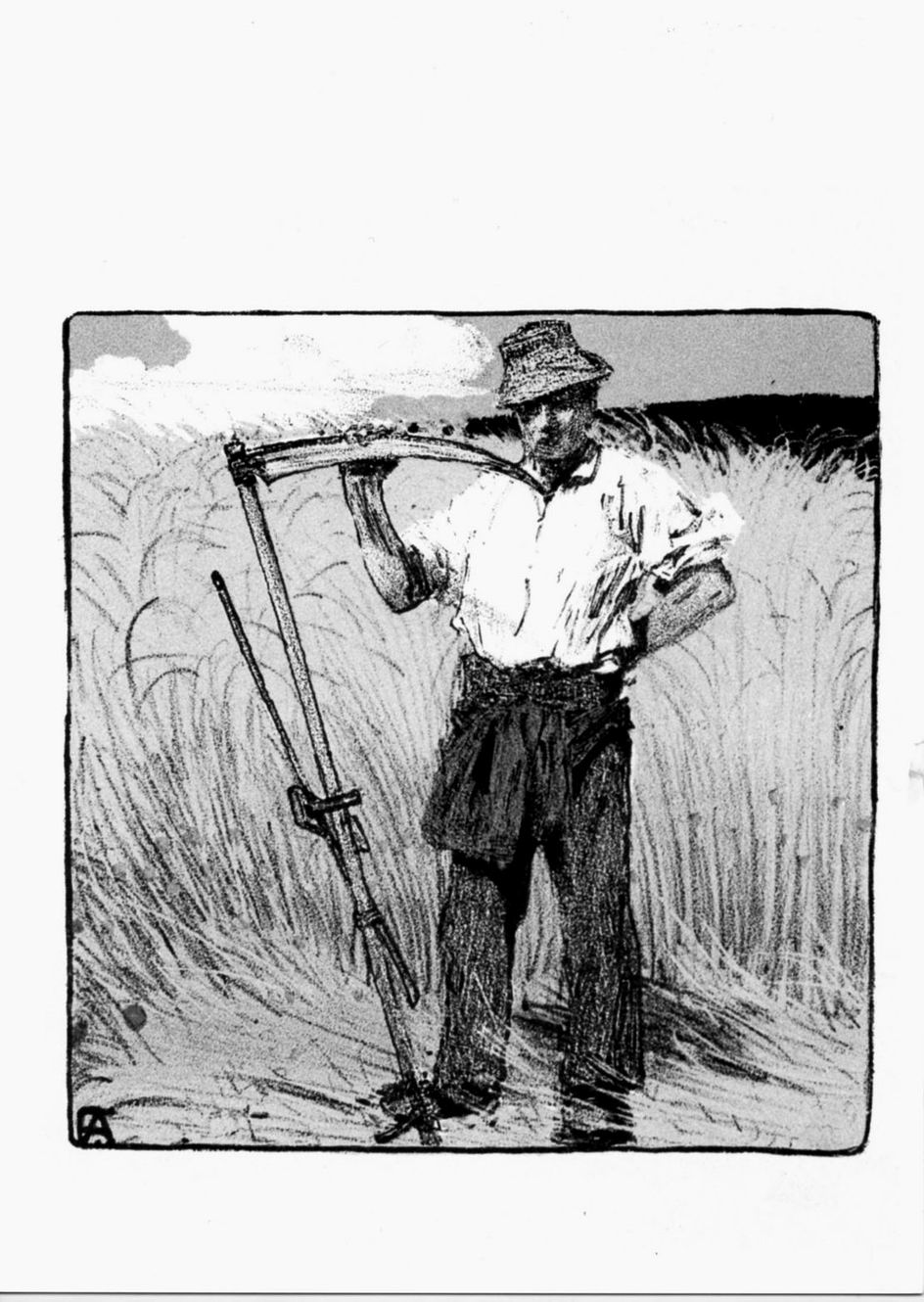 Der schnitter, Falciatore con falce in campo di grano (stampa a colori) di Andri Ferdinand (sec. XIX)