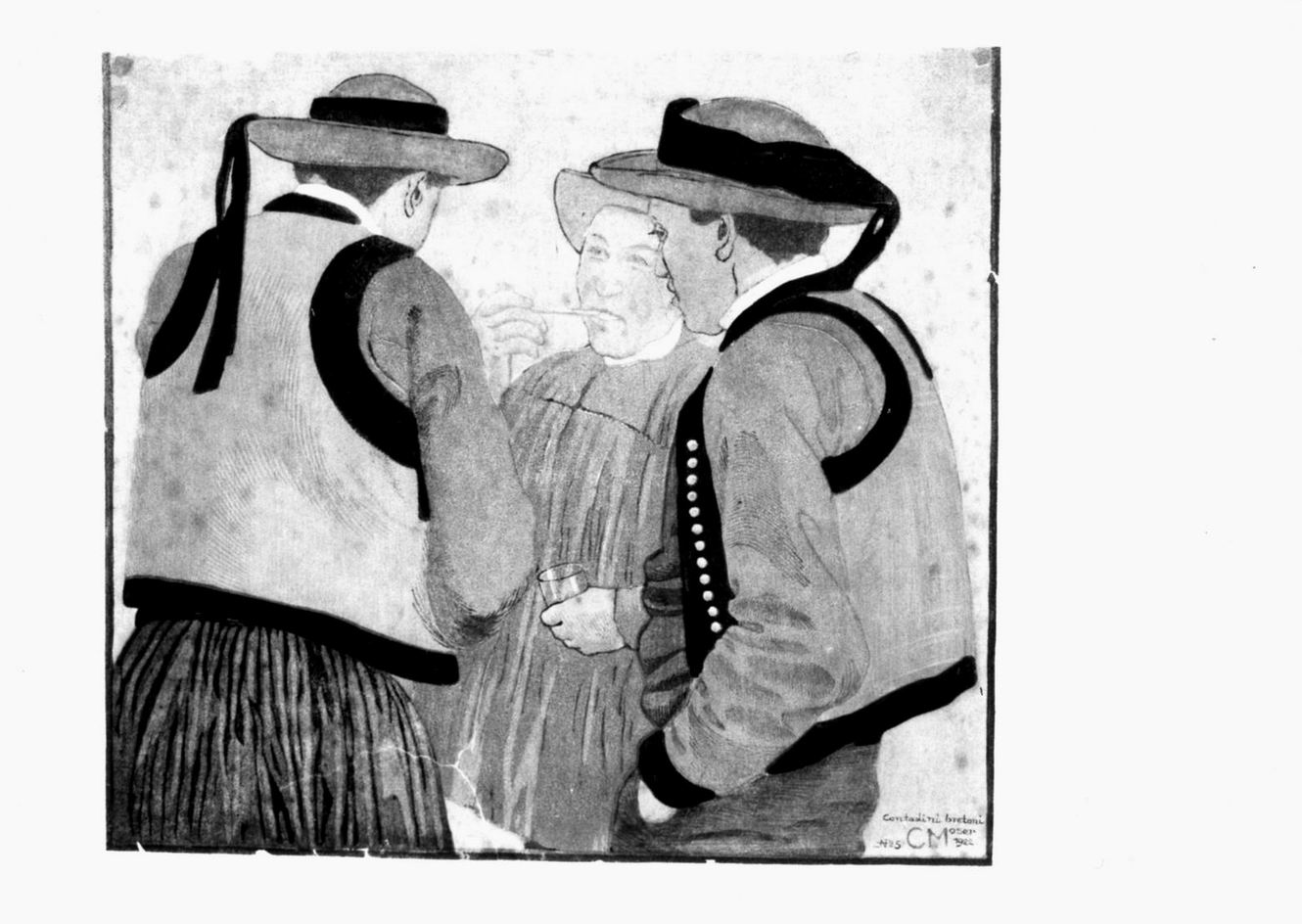 Contadini bretoni in conversazione (stampa a colori) di Moser Carl (sec. XX)