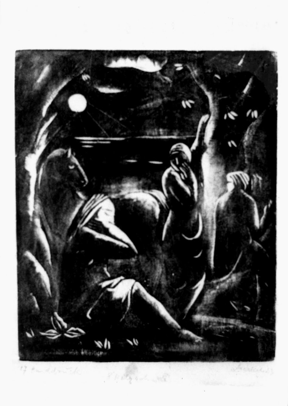Tre figure femminili con cavallo in paesaggio notturno (stampa) di Merkel Georg (sec. XX)