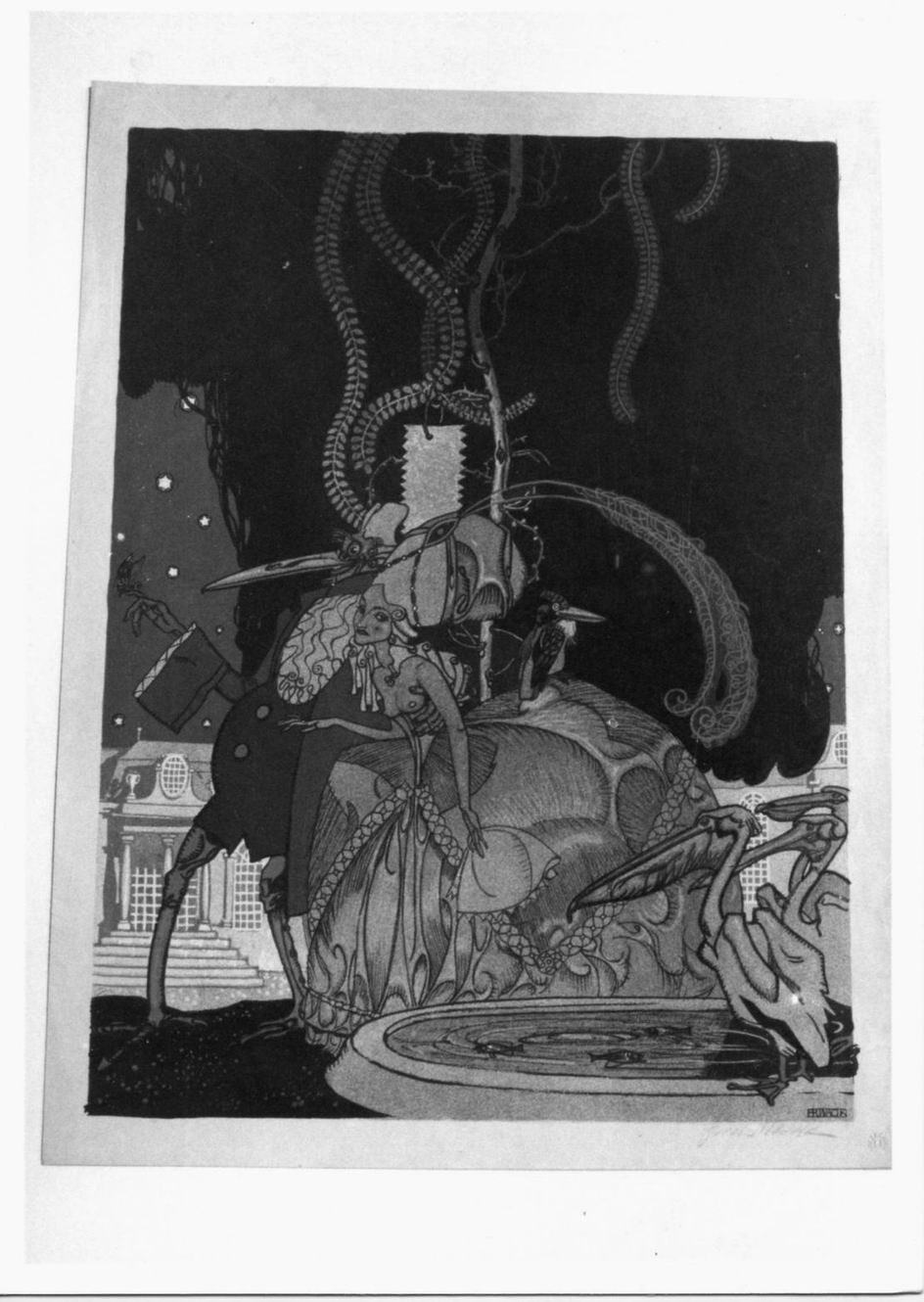 Phantastische szene, Scena galante con fanciulla e uccelli vari (stampa a colori) di Wacik Franz (sec. XX)