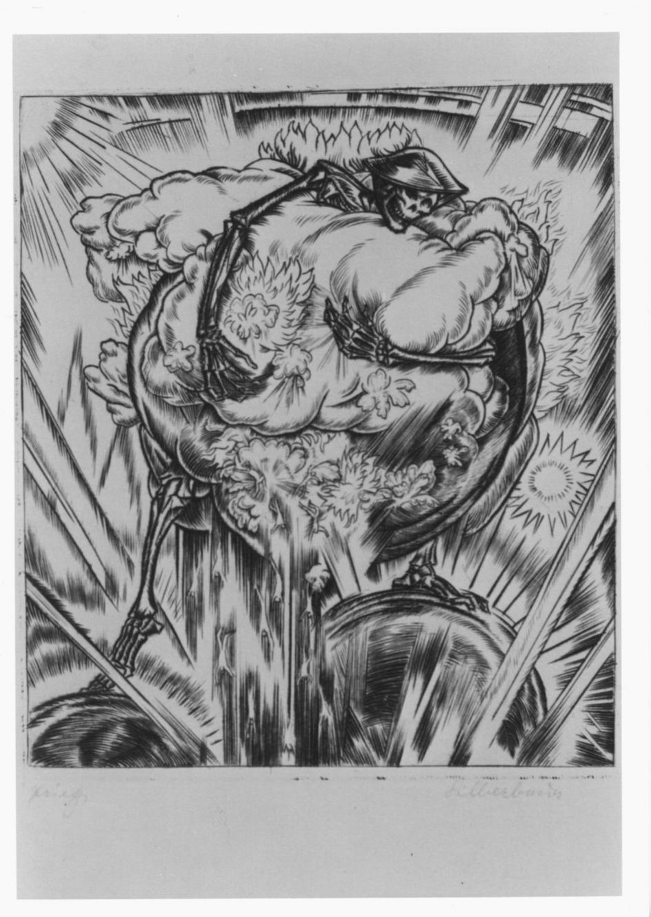 Scheletro con elmetto che abbraccia il mondo in esplosione (stampa) di Silberbauer Fritz (sec. XX)