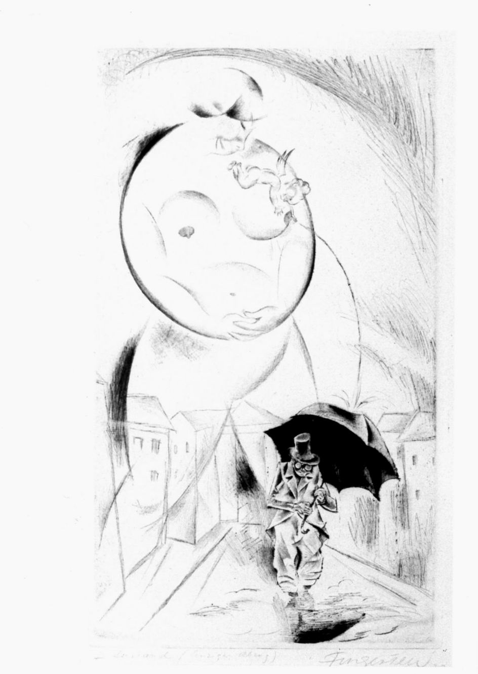 Uomo con ombrello e grande figura femminile (stampa) di Fingesten Michel (sec. XX)