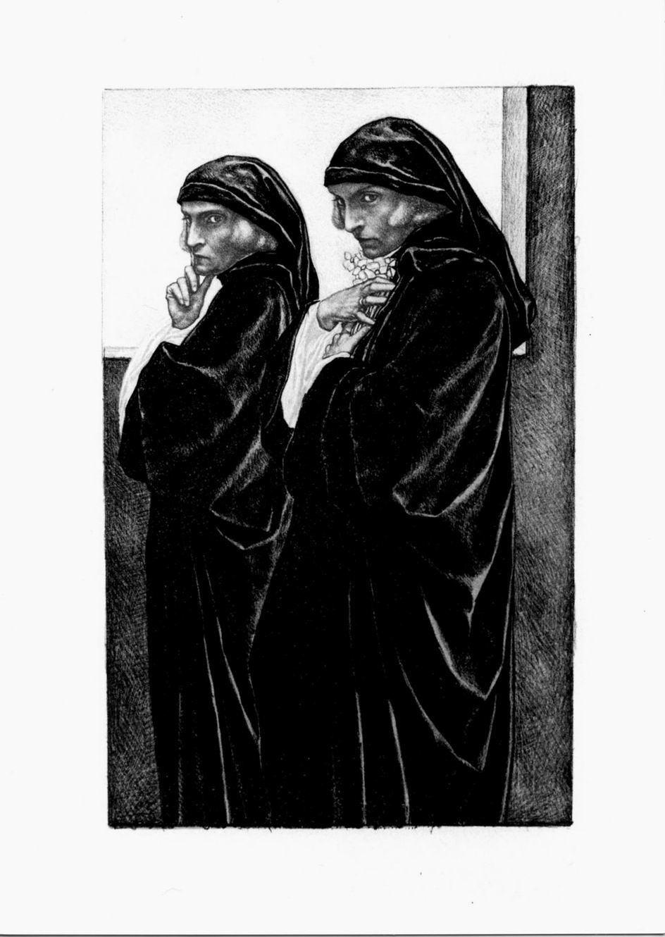 Due figure femminili con mantello nero (stampa a colori) di Sterrer Karl (sec. XX)