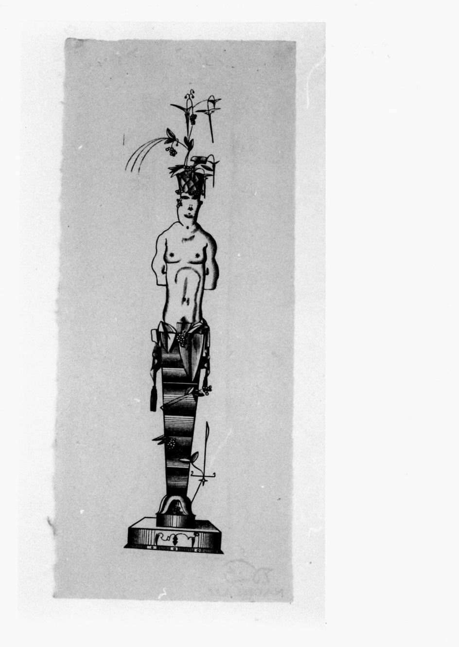 Studio per oggetto, Mezzo busto femminile su piedistallo con decorazioni vegetali (stampa) di Peche Dagobert (sec. XX)
