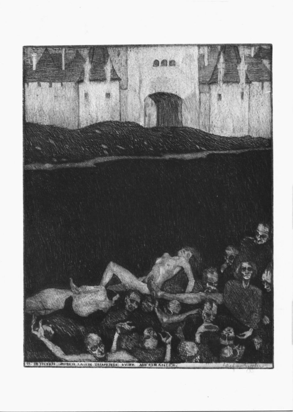 Cadaveri dentro una fossa sullo sfondo di mura di città (stampa, elemento d'insieme) di Eggeler Stefan (sec. XX)