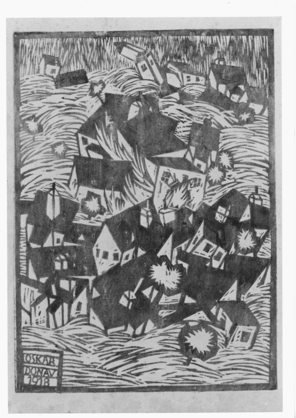 Beschossene stadt, Veduta di città colpita da bombe (stampa) di Donau Oskar (sec. XX)