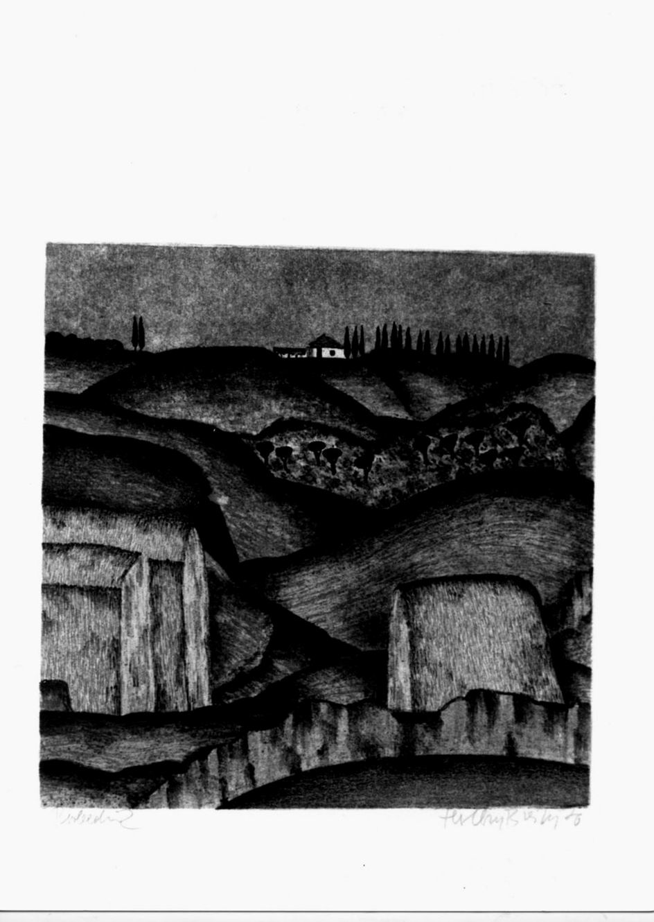 Strohaufen in der Toscana, Paesaggio toscano (stampa) di Breiter Herbert (sec. XX)