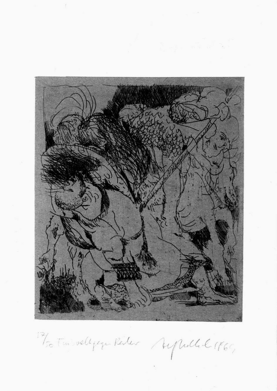 Fante trafitto dalla lancia di un cavaliere (stampa, elemento d'insieme) di Hrdlika Alfred (sec. XX)