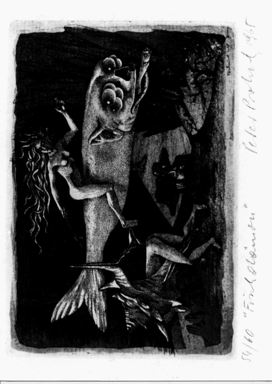 Paesaggio fantastico sottomarino con pesce e figure (stampa) di Proksch Peter (sec. XX)