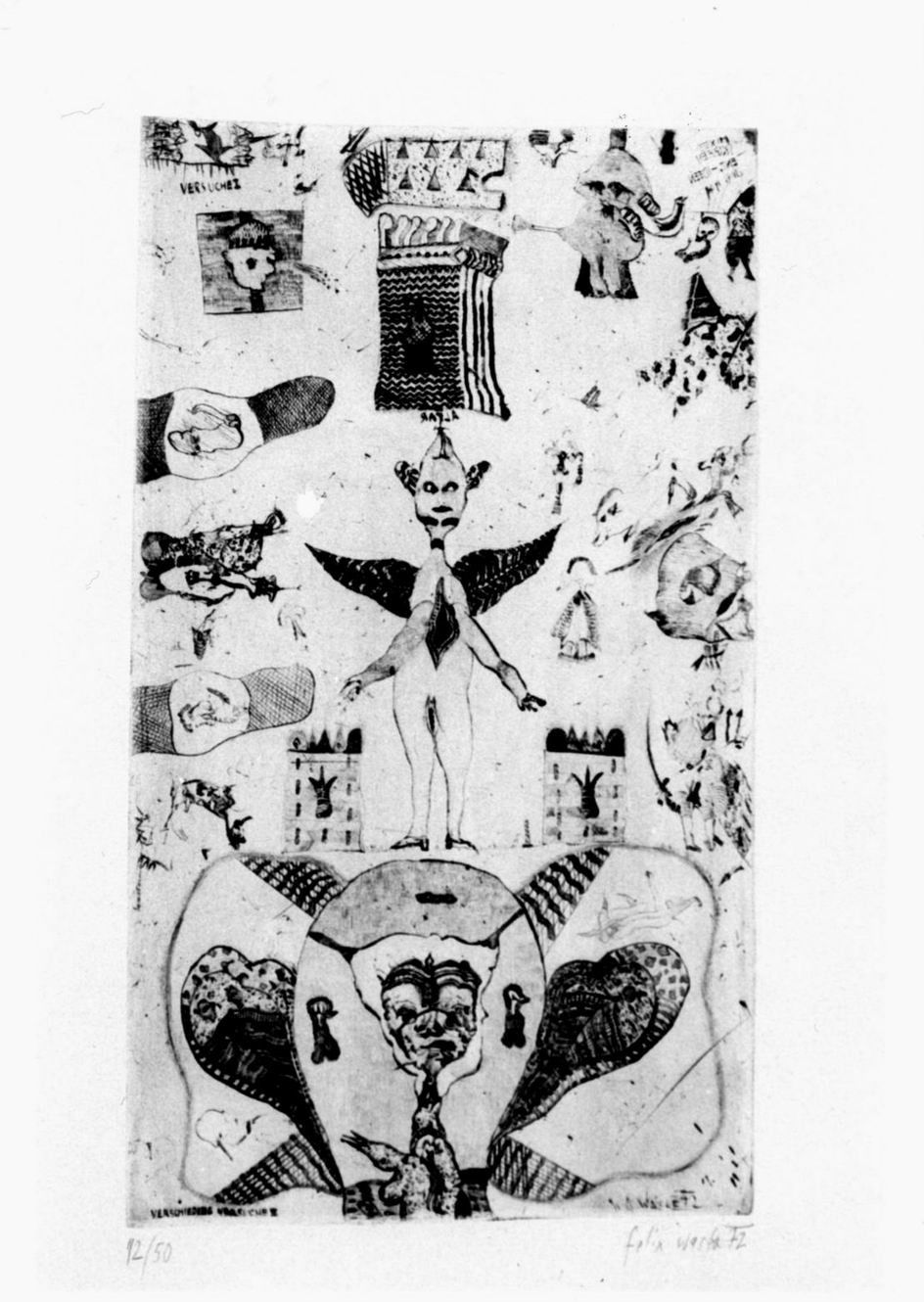 Composizione con figure fantastiche e torri (stampa) di Waske Felix (sec. XX)