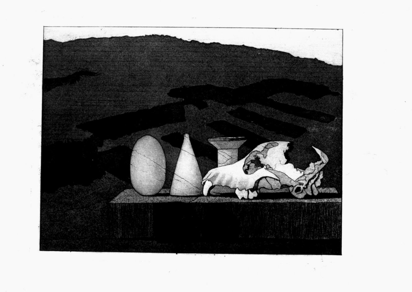 Gefundene gegenstände, Bucranio, ammoniti e reperti archeologici in un paesaggio (stampa a colori) di Pasiechnyk Pan (sec. XX)