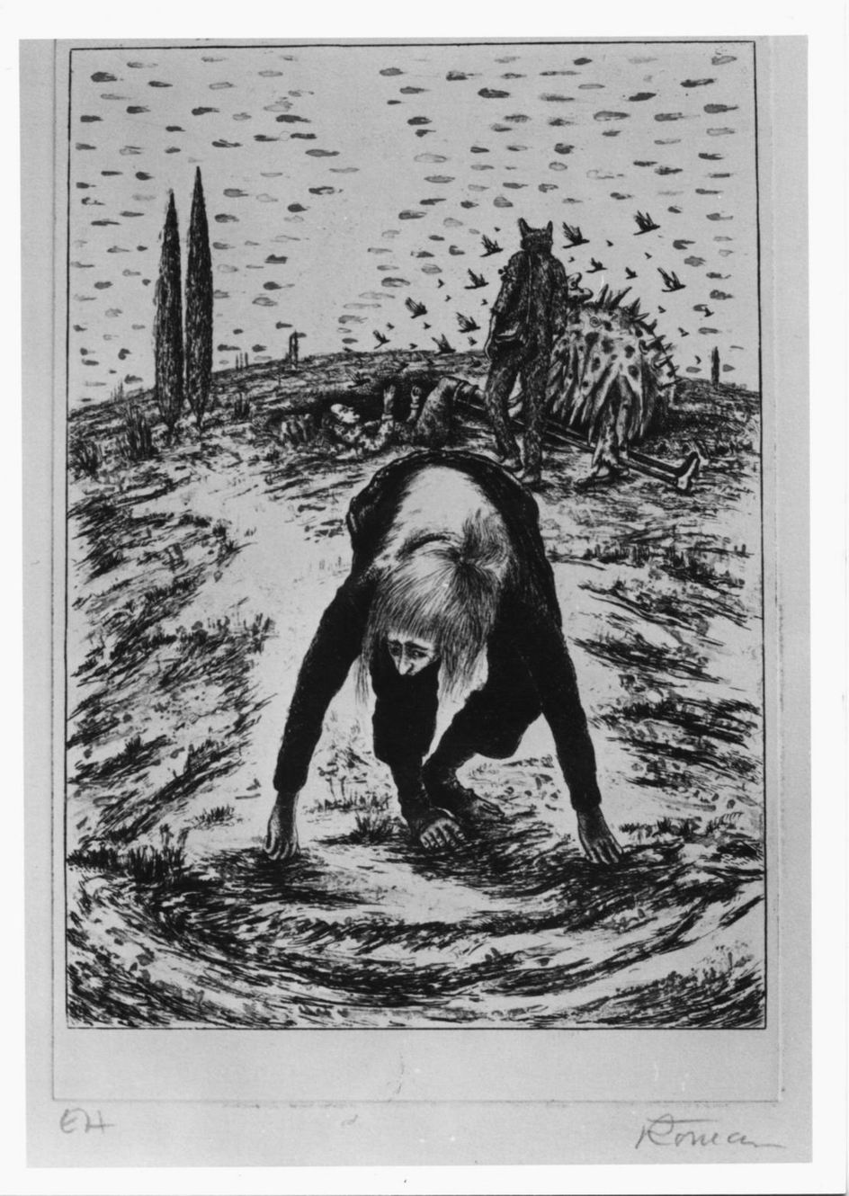 La forza della terra, Figura femminile piegata in avanti in paesaggio con figure (stampa, elemento d'insieme) di Scheidl Roman (sec. XX)