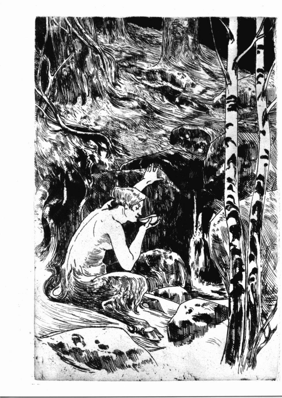 Faunesse à la source, Faunessa che si abbevera a una fonte (stampa) di Donnay Auguste (sec. XX)