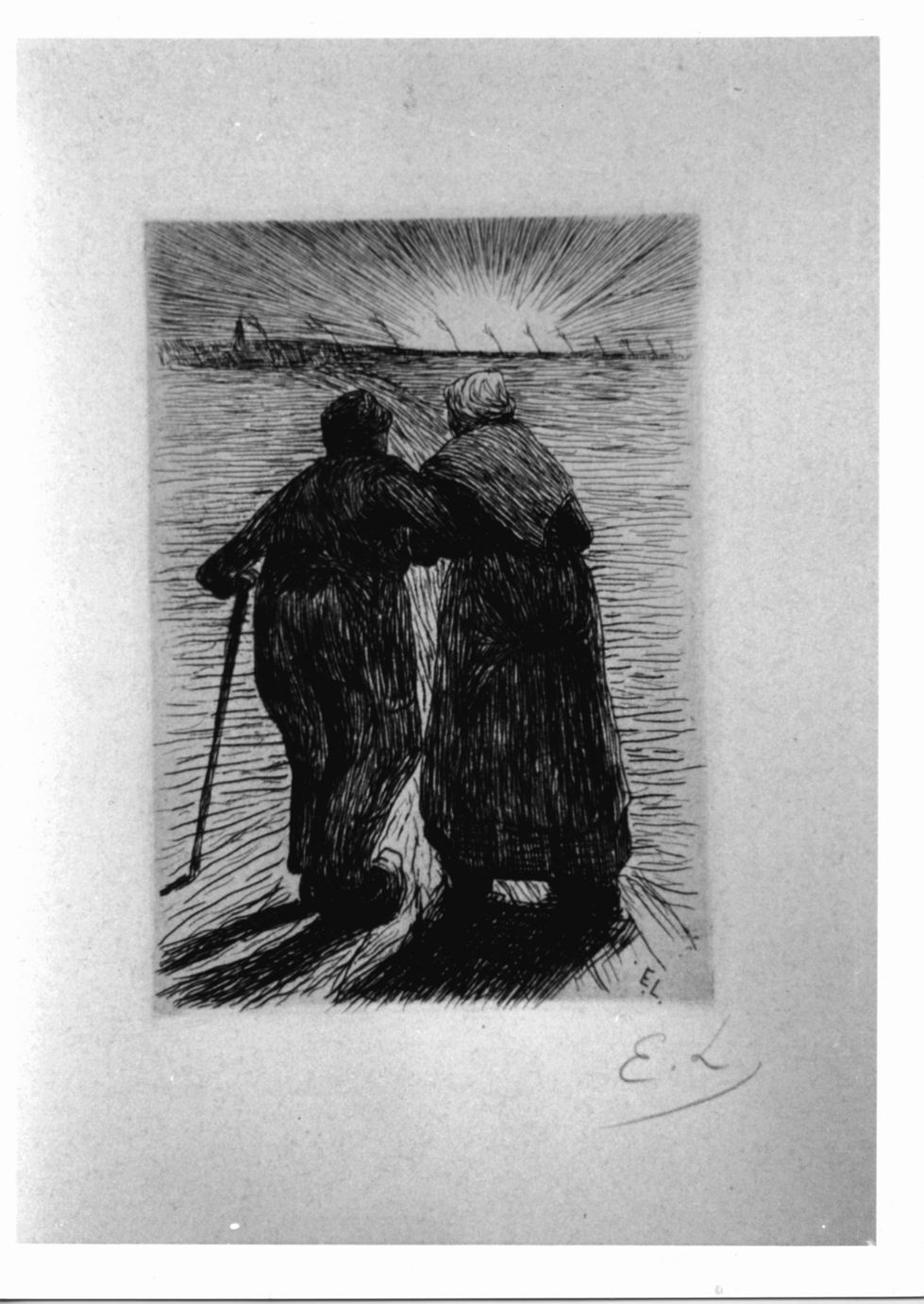 Coppia di vecchi di spalle che guardano il tramonto (stampa) di Laermans Eugène (secc. XIX/ XX)