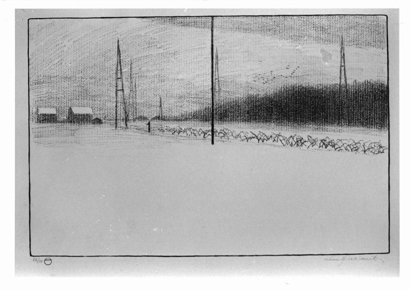 Paesaggio invernale con pali e case (stampa) di Spilliaert Léon (sec. XX)