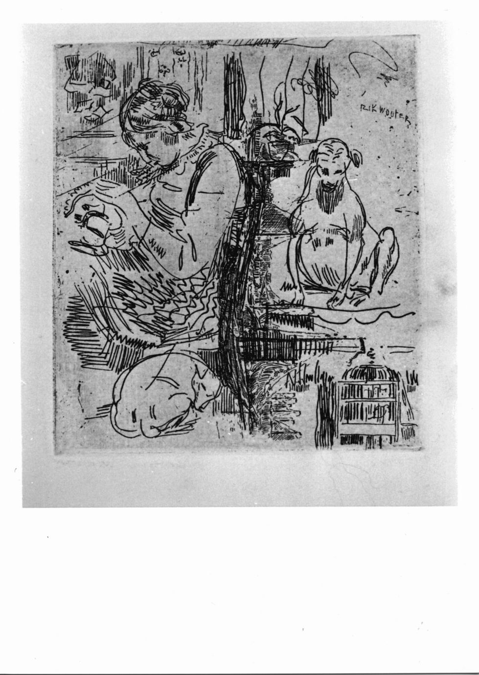 Croquis: nel et deux croquis de chien, Interno con figura femminile seduta e cani (stampa) di Wouters Rik (sec. XX)
