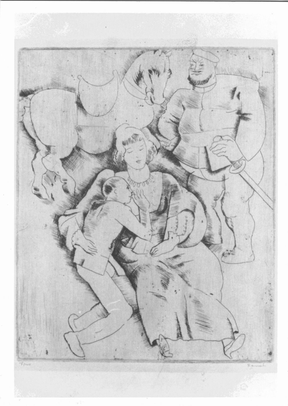 Figura femminile in atto di proteggere figura maschile e sul fondo fante e cavallo (stampa) di Raemacker Henri-François detto Ramah Henri (sec. XX)