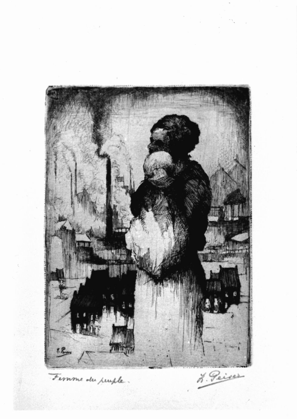 Figura femminile con bambino e ciminiere sullo sfondo (stampa) di Peiser Kurt (sec. XX)