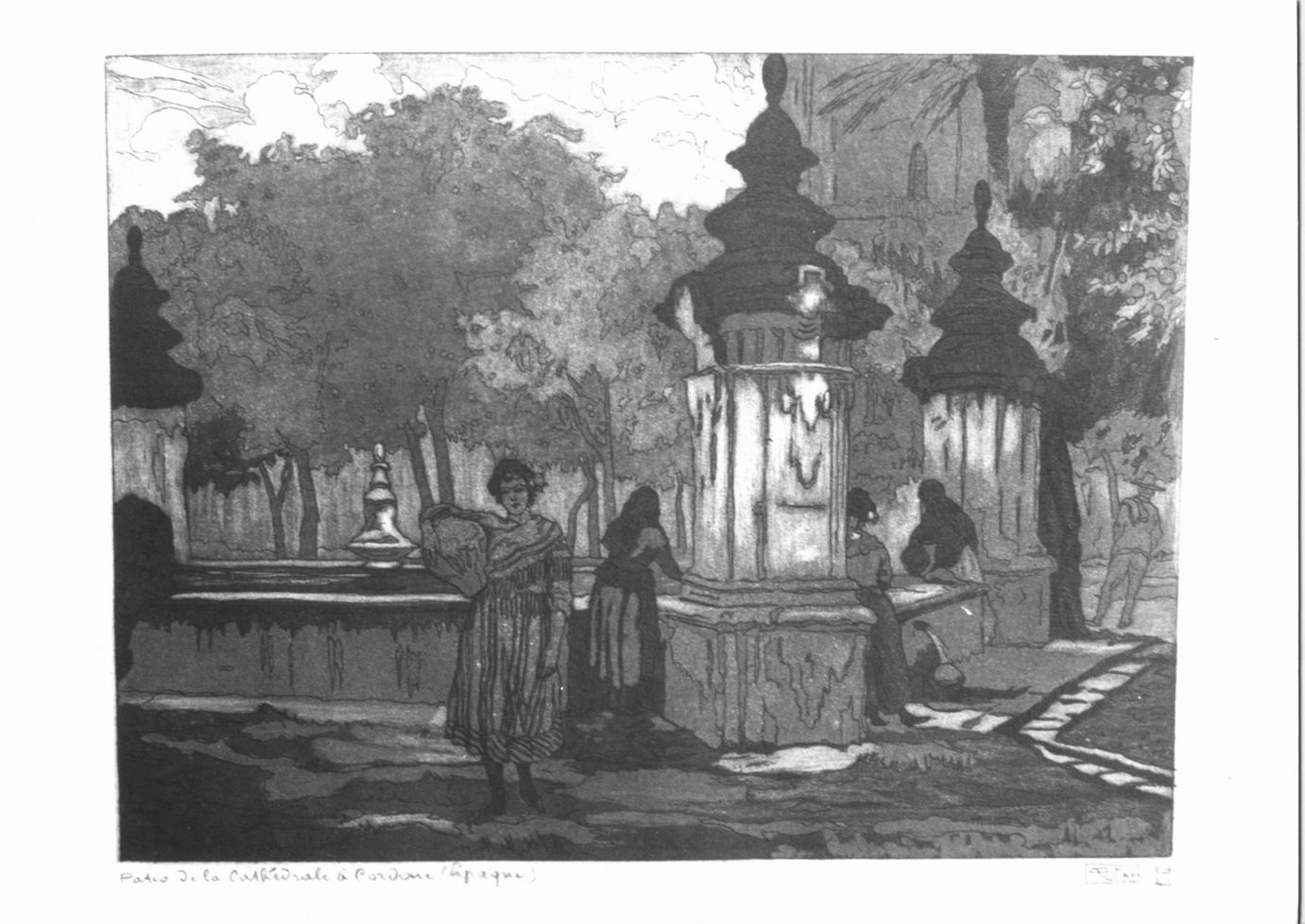 Figure femminili intorno a fontana (stampa) di Pycke Frans (sec. XX)