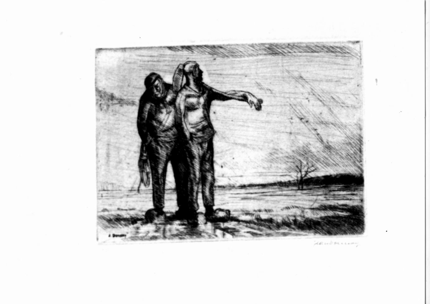 Due agricoltori con attrezzi su sfondo di paesaggio (stampa) di Donnay Jean (sec. XX)