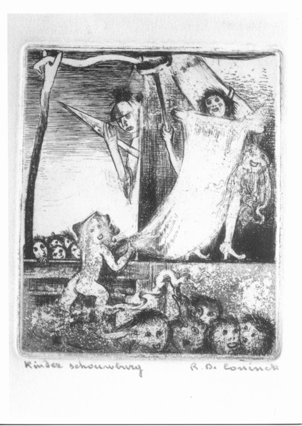 Palcoscenico con attori e pubblico di bambini (stampa) di De Coninck René (sec. XX)