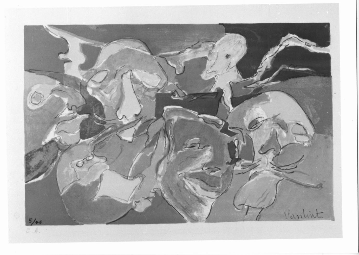 Personnages, Sei volti maschili (stampa a colori) di Van Lint Louis (sec. XX)